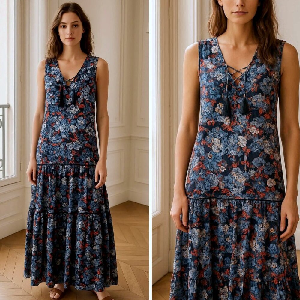 Devlin Dark Floral Sleeveless Tassel V-Neck Women's Maxi Dress Size Large